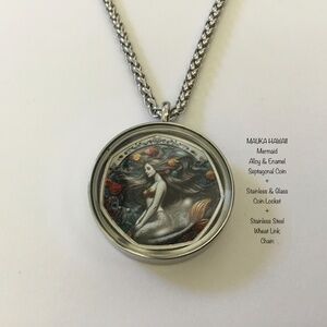 Mermaid Alloy & Enamel Coin + Glass & Stainless Locket + Custom Wheat Link Chain